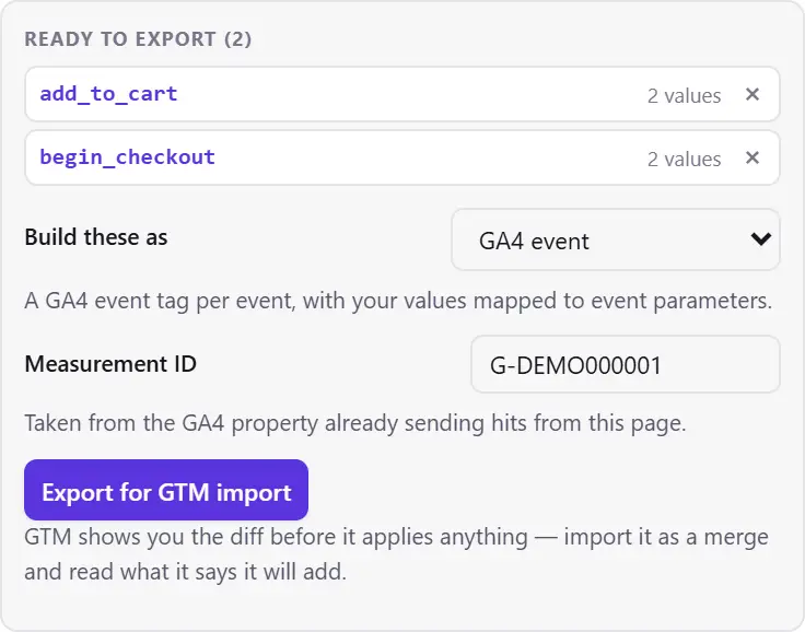 Dışa aktarma panelinde saklanmış iki event: her biri iki değerli add_to_cart ve begin_checkout; GA4 event olarak ayarlı bir seçici, ölçüm kimliği alanı ve GTM içe aktarımı için dışa aktar düğmesi.