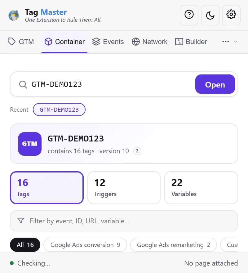 The Container tab of Tag Master with GTM-DEMO123 typed in and opened: the header says it contains 16 tags at version 10, above boxes for 16 tags, 12 triggers and 22 variables, a filter field and tag-type chips for Google Ads conversion and remarketing.