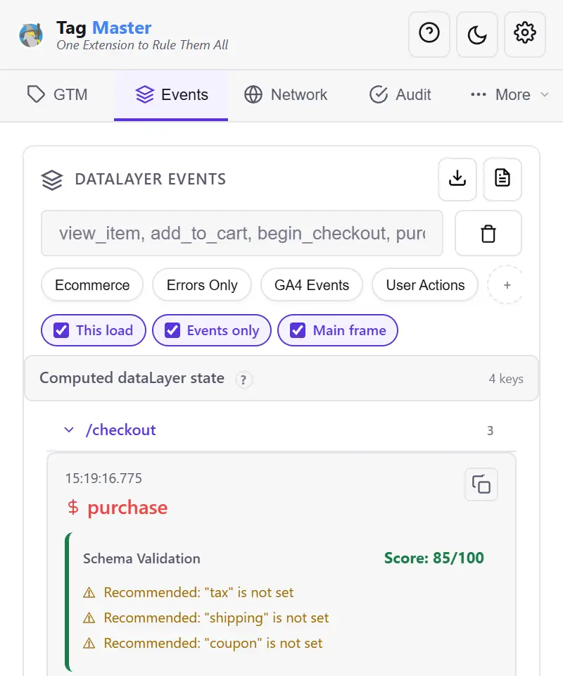 Panel zdarzeń dataLayer w Tag Master: push purchase pogrupowany pod stroną, na której nastąpił, a poniżej walidacja schematu e-commerce GA4.
