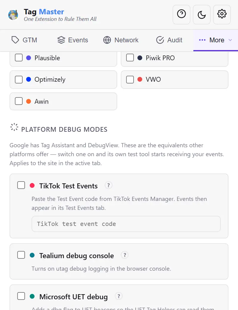 Tag Master panelinin Platform Debug Modes bölümü: TikTok Test Events test kodu alanıyla birlikte, Tealium debug konsolu ve Microsoft UET debug anahtarlar hâlinde listeleniyor.