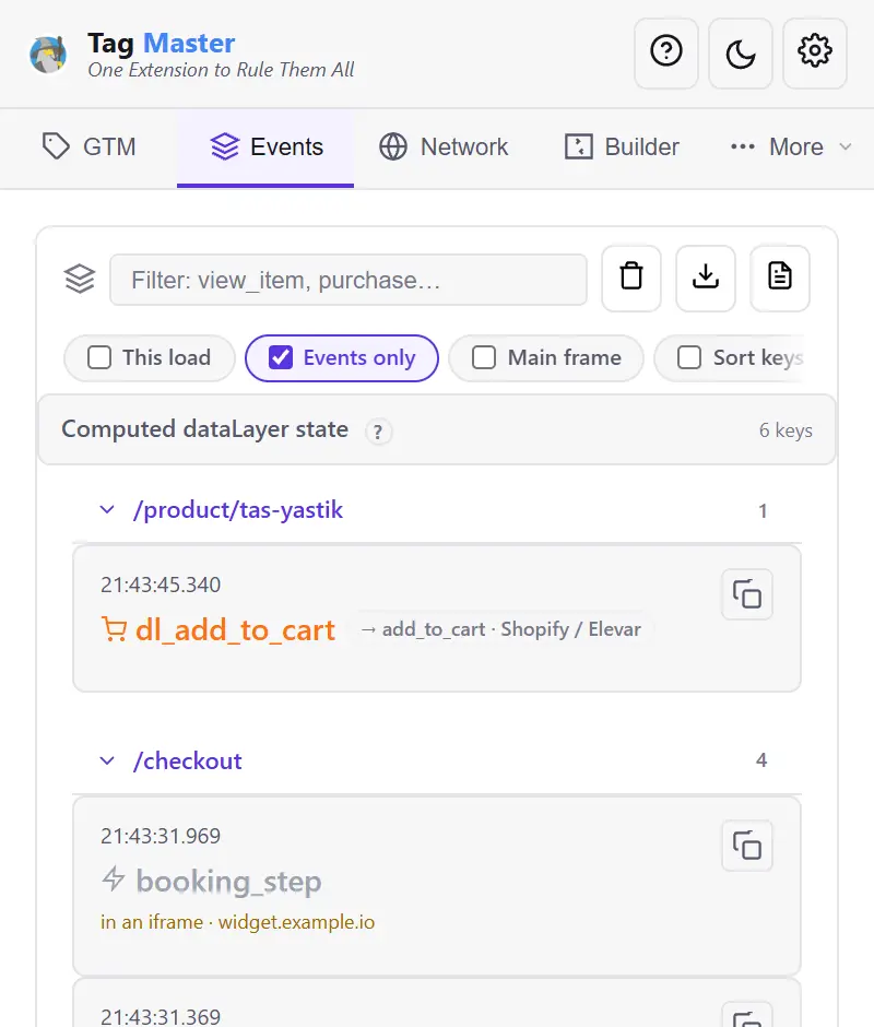 Push dl_add_to_cart na liście zdarzeń, obok mniejsza notka „→ add_to_cart · Shopify / Elevar