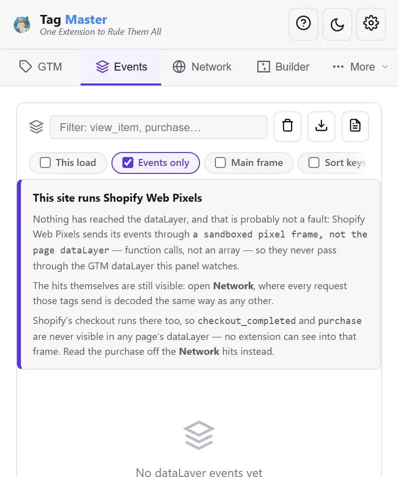 Hiç dataLayer event'i olmayan events paneli; üstünde sitenin Shopify Web Pixels çalıştırdığını, event'lerinin sayfa dataLayer'ı yerine yalıtılmış bir pixel çerçevesinden geçtiğini ve hit'lerin Network'te yine okunabildiğini söyleyen bir not.