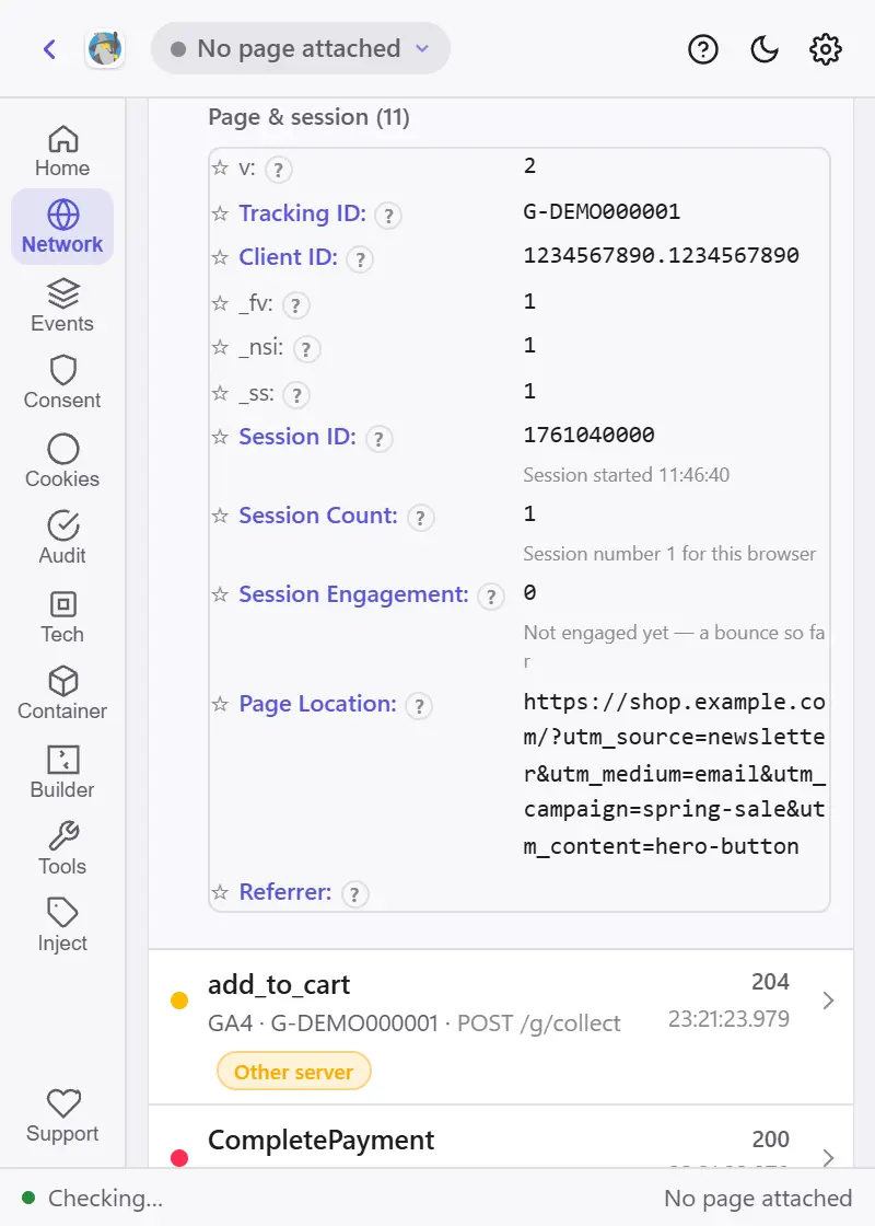 A GA4 page_view request expanded to its Page & session group: _fv, _nsi and _ss each set to 1, a session ID read as the time the session started, session number 1 for this browser, not engaged yet, and a landing address carrying utm values.