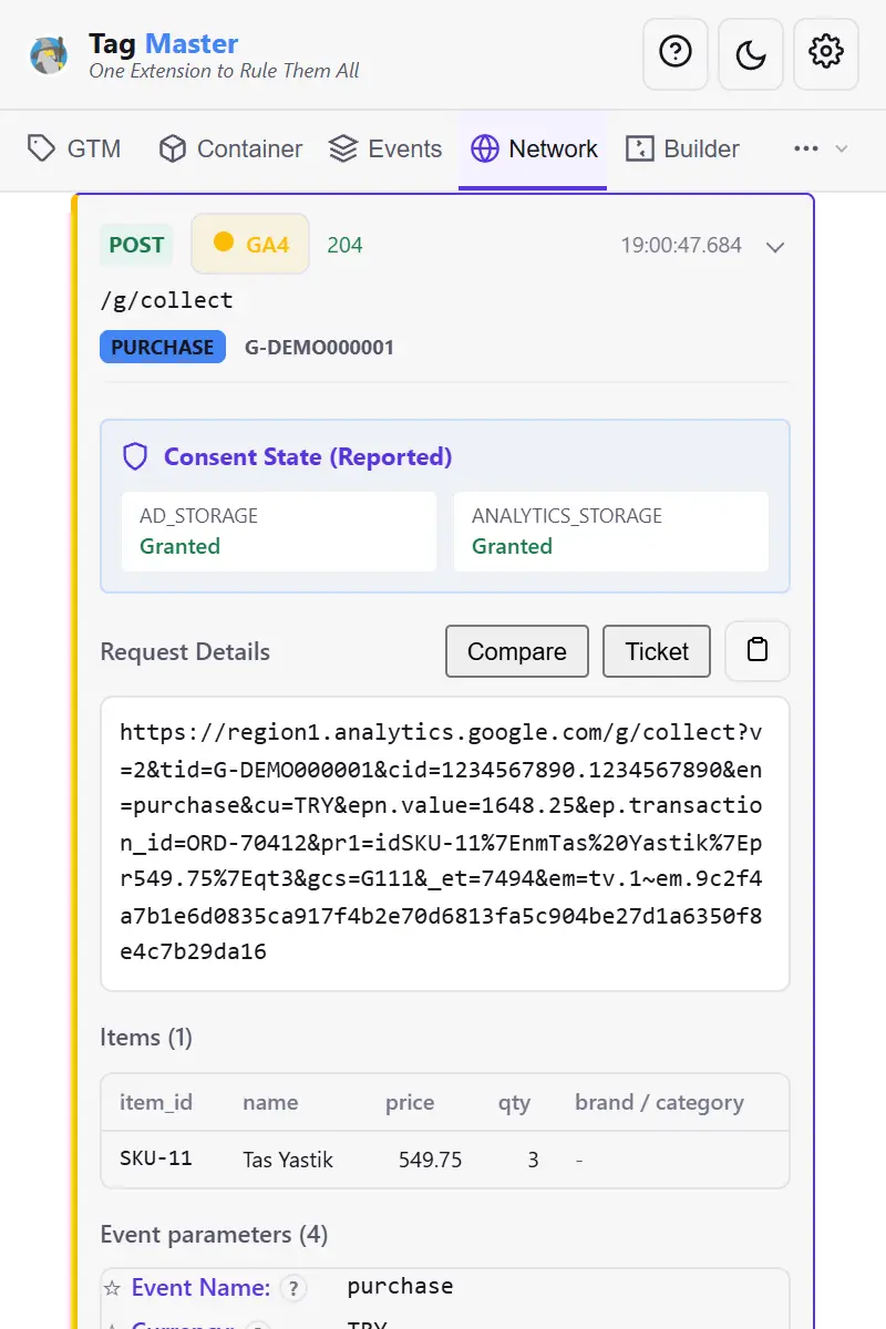 A GA4 purchase request expanded in the panel: the /g/collect path, a reported consent state of granted, and the full request URL ending in em=tv.1~em. followed by a sixty-four character hash.