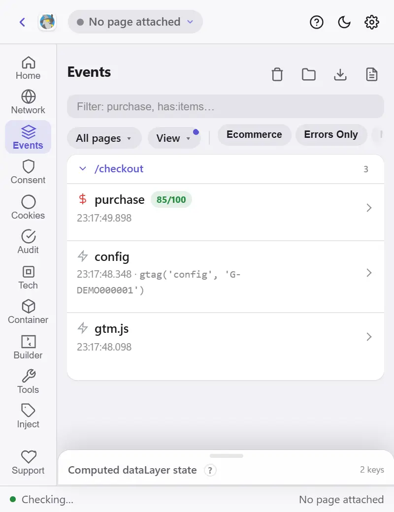 The Events panel with a non-default view switched on, listing three pushes on /checkout in order: gtm.js, a config row reading gtag('config', 'G-DEMO000001'), and a purchase.