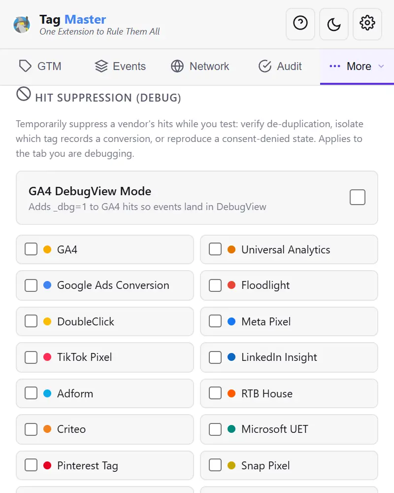 The hit suppression section of the Tag Master panel: a GA4 DebugView Mode toggle above a two-column list of vendors — GA4, Google Ads, Meta Pixel, TikTok, Criteo, Microsoft UET and more — each with its own checkbox.