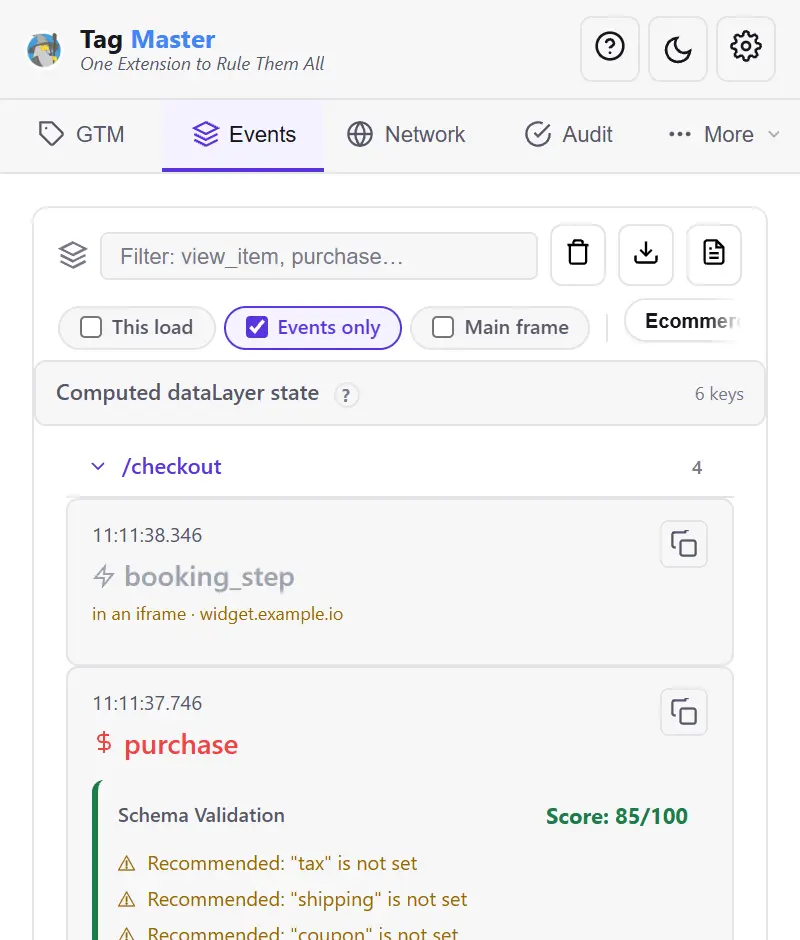 Ana çerçeve filtresi kaldırılmış event listesi: üst belgeden gelen bir purchase'ın üstünde, 