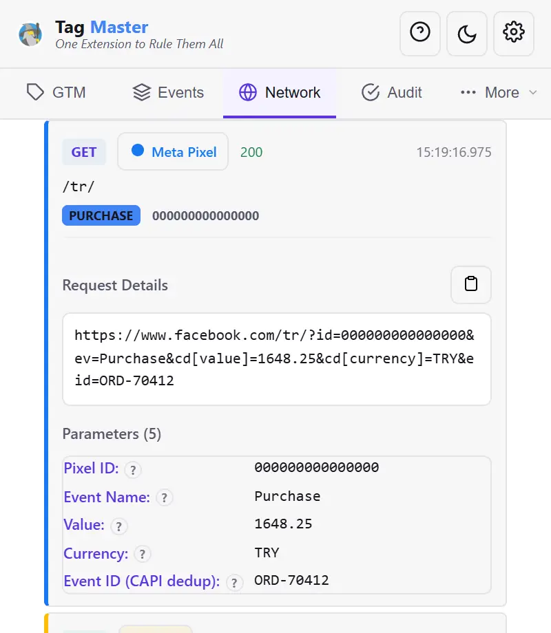 Żądanie Purchase z Meta Pixela w panelu Tag Master, z wypisanymi parametrami: identyfikator piksela, nazwa zdarzenia, wartość, waluta i identyfikator zdarzenia używany do deduplikacji CAPI.