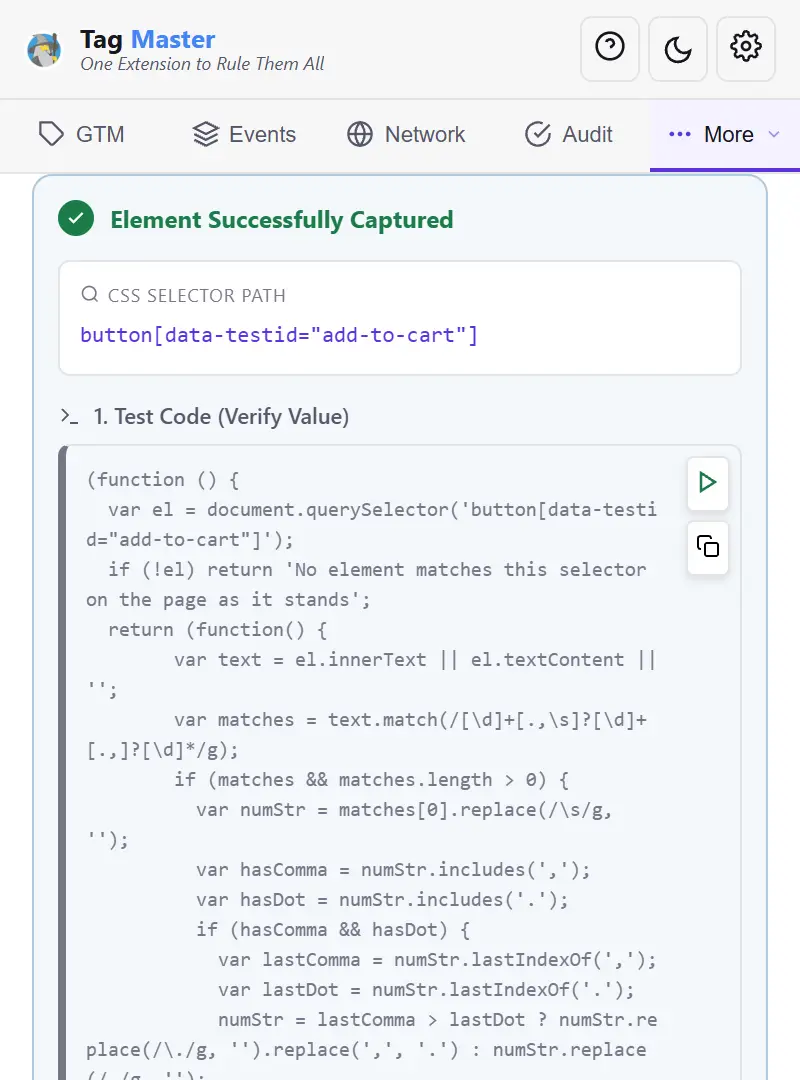 Tag Master po wskazaniu elementu: wygenerowany selektor CSS button[data-testid=