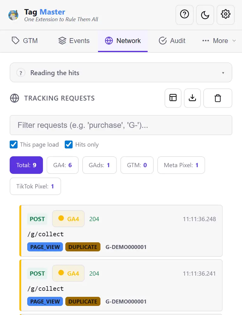 Tag Master istek listesi; üstte platform başına sayaçlar — GA4, Google Ads, GTM, Meta Pixel ve TikTok Pixel — altta çözümlenmiş istekler.