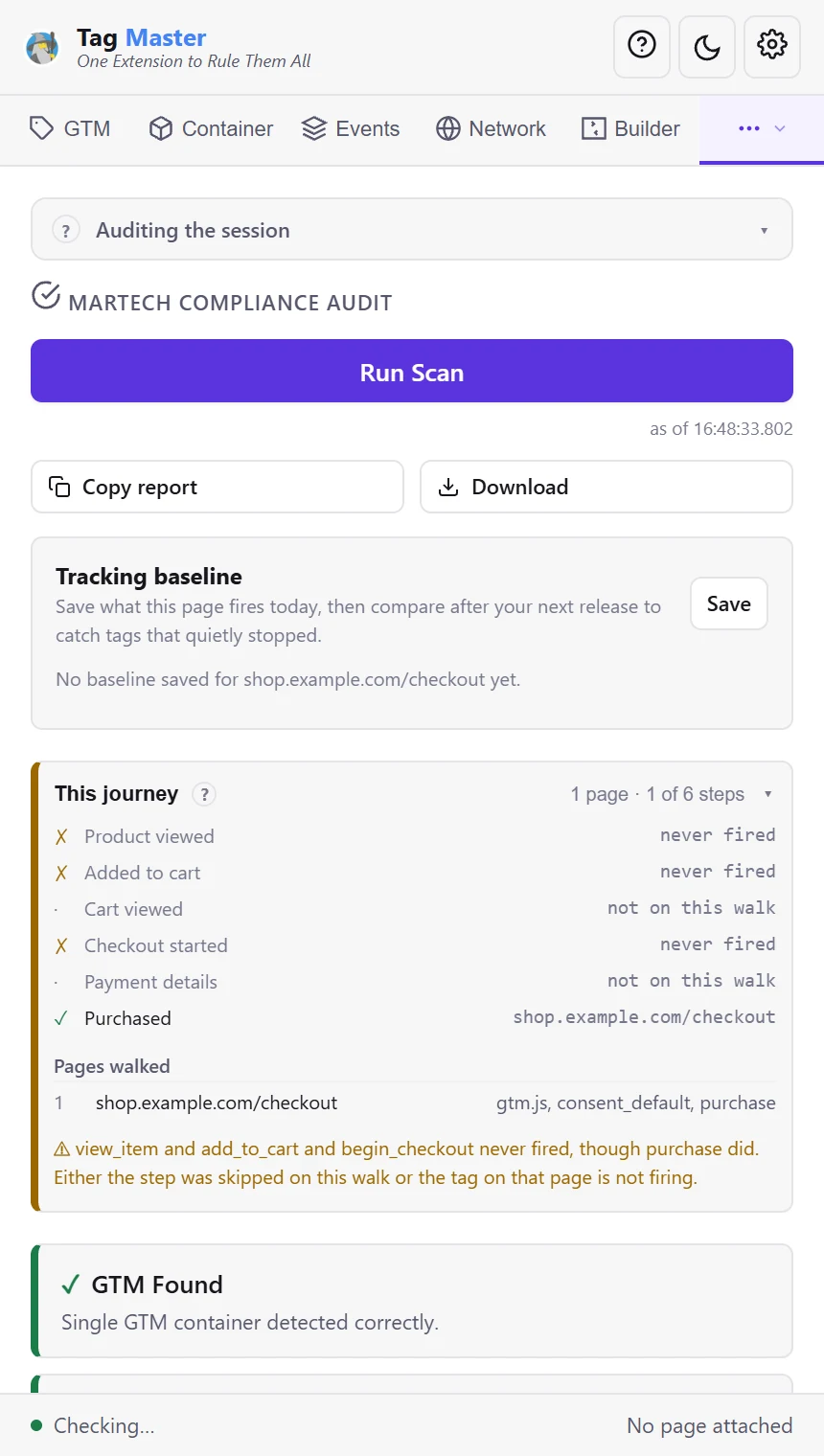The audit panel: a tracking baseline, and a journey checklist showing the purchase fired while product view, add to cart and checkout never did.