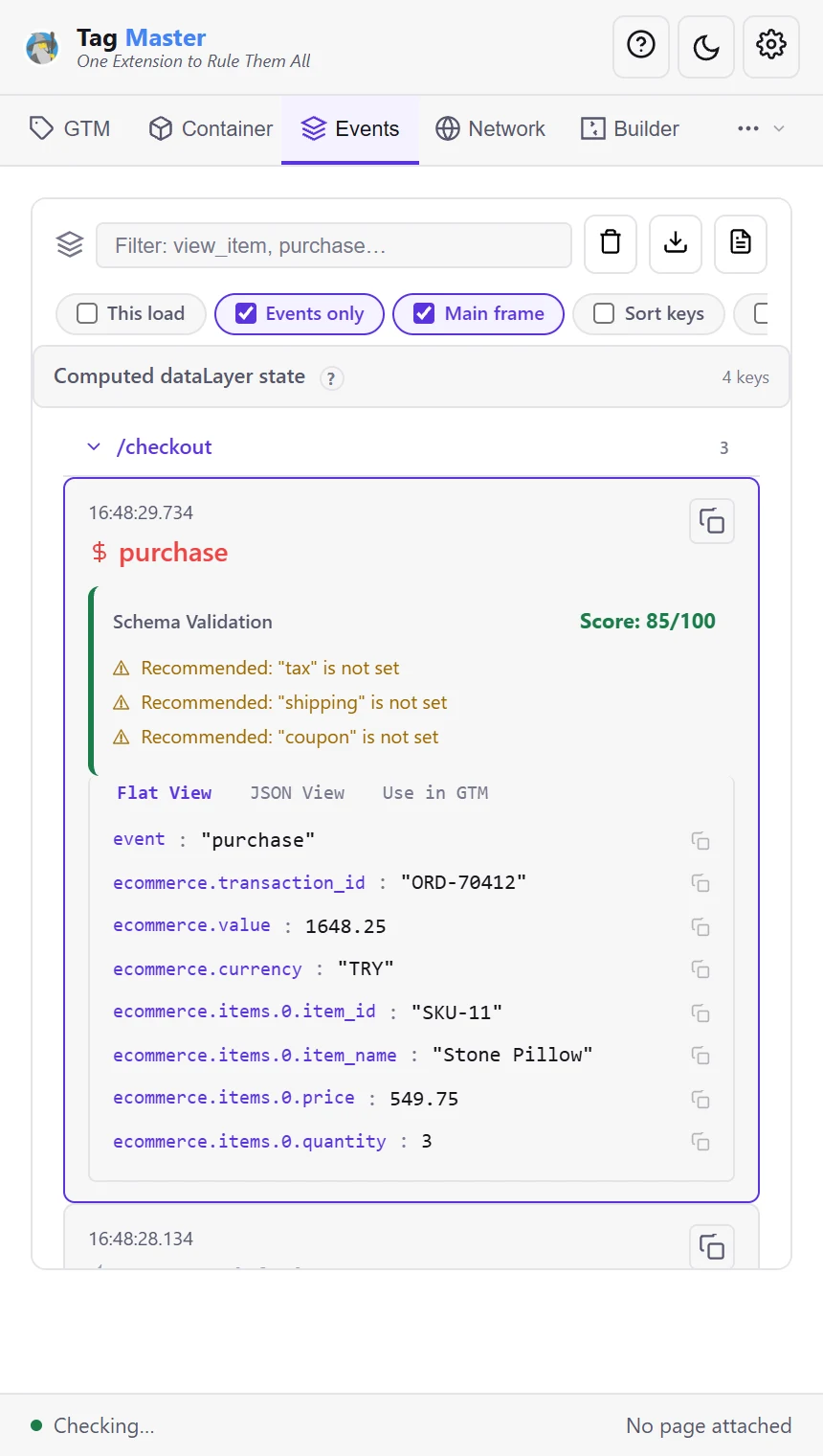 The Events tab with a purchase push expanded: a schema score of 85 out of 100 with three recommendations, and the push flattened into ecommerce paths.