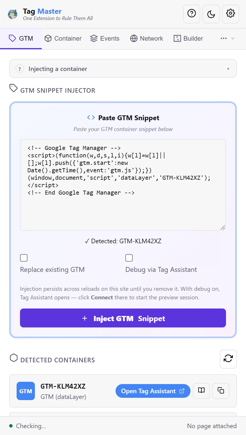 The GTM tab with a container snippet pasted into the injector, the detected container ID, and the button to inject it.