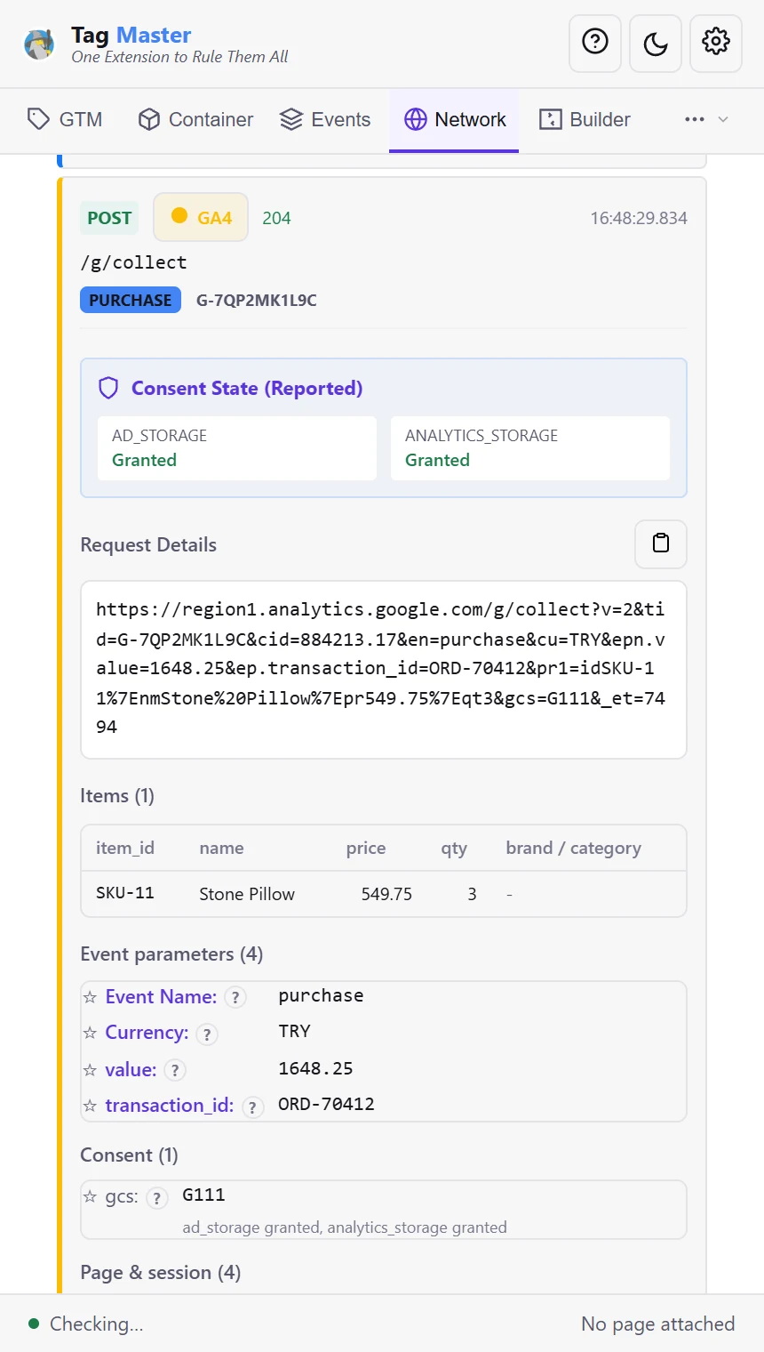 The Tag Master side panel on its Network tab: a GA4 purchase request decoded into its consent state, the full request URL, the purchased item and the named event parameters.