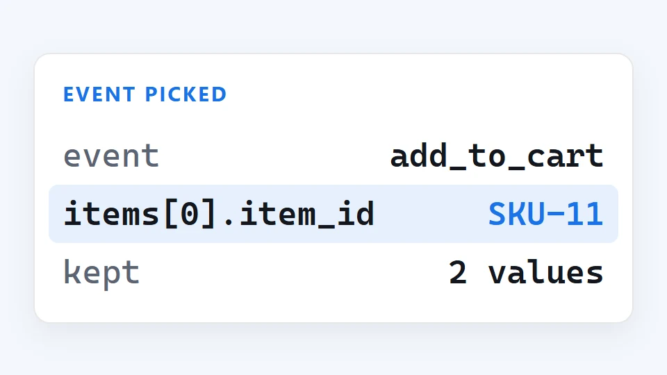 Panel fragment labelled EVENT PICKED, showing event, items[0].item_id and kept.